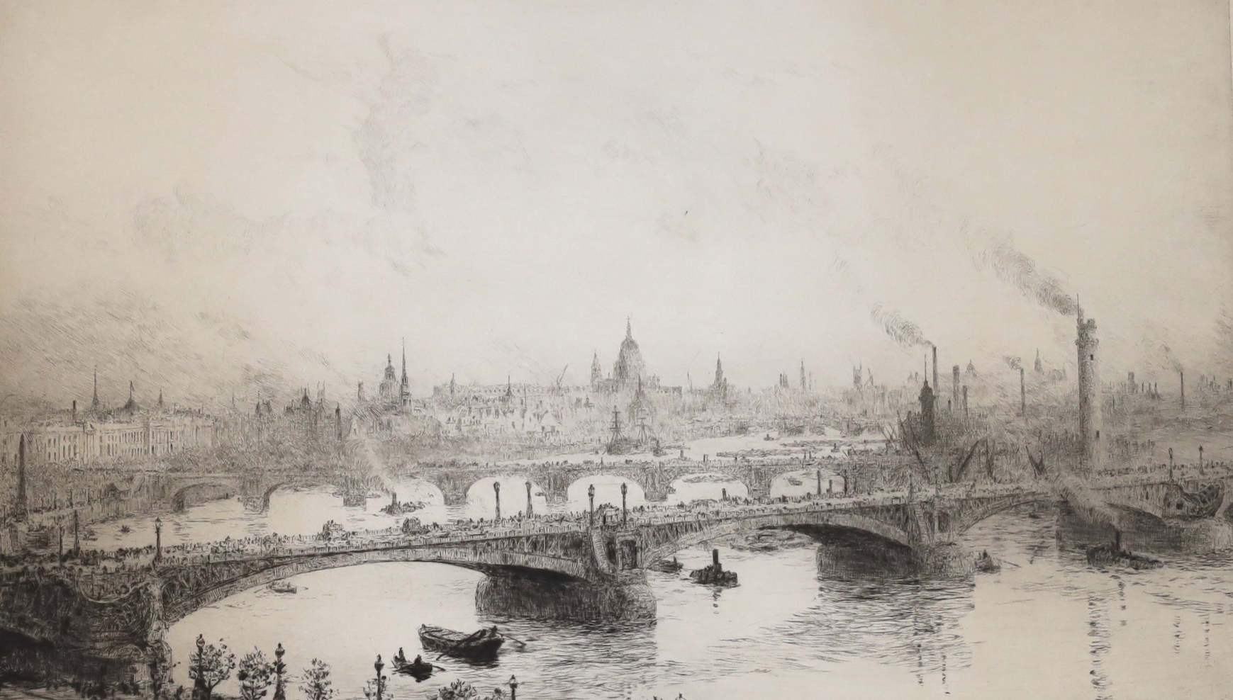 William Lionel Wyllie (1851-1931), etching, 'London Bridge with St Paul's in the distance, signed in pencil, 25 x 39cm